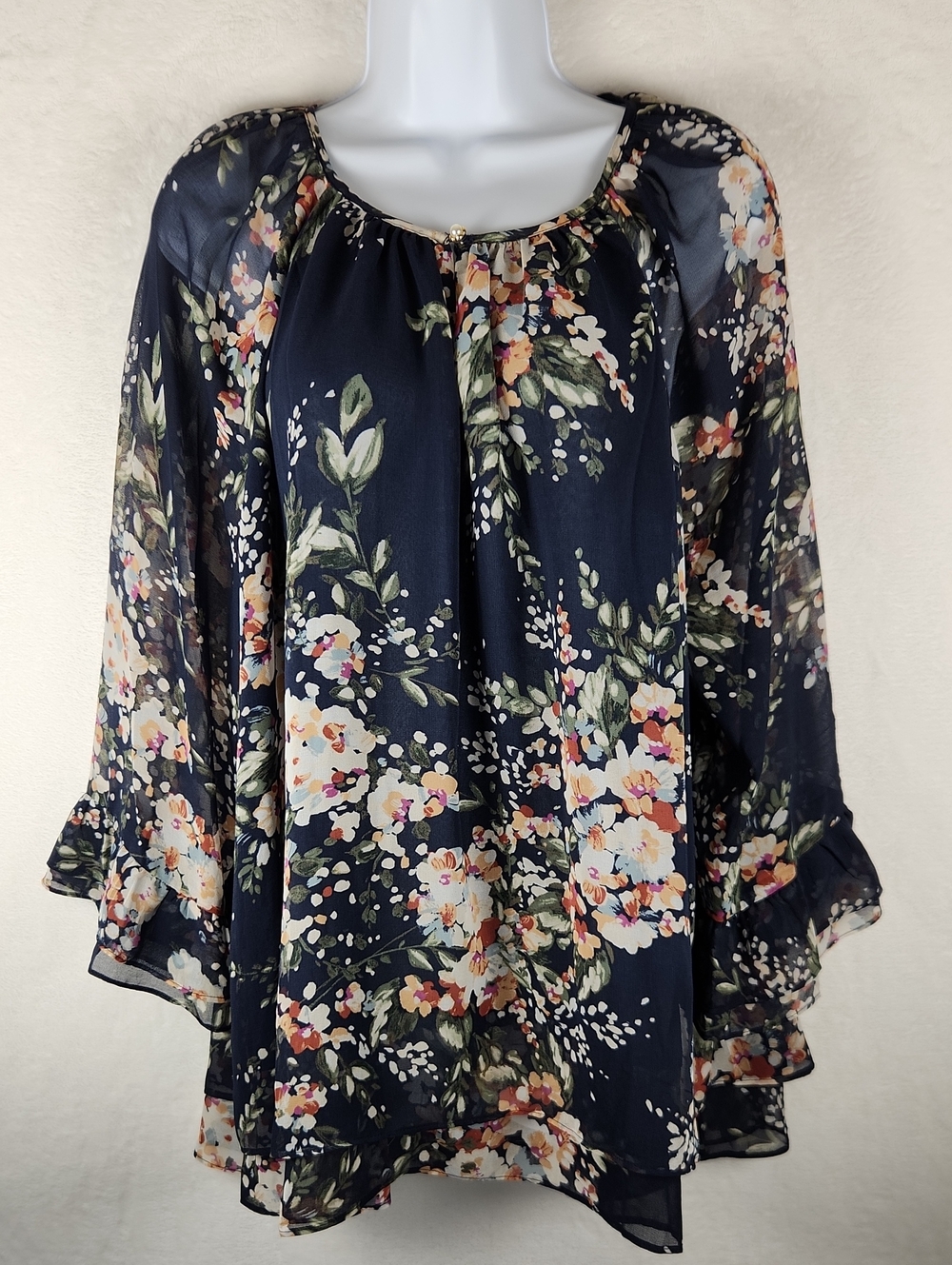 Chico's Navy Floral Sheer Long-Sleeve Blouse